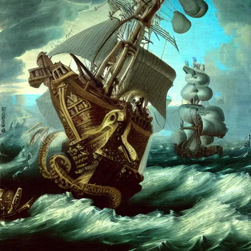 Image similar to kraken attacking a pirate ship in the ocean, renaissance oil painting, 8 k, highly ornate intricate details, extreme detail,