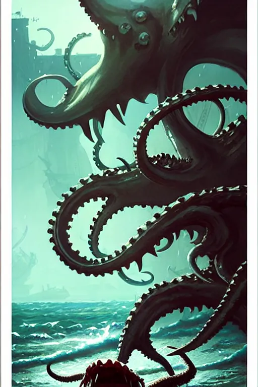 Image similar to greg rutkowski poster, kraken attacking a seaside town