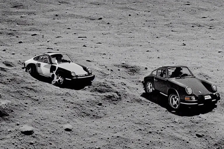 Image similar to vintage photo of a porsche 911 on the moon being driven by an astronaut. apollo moon landing