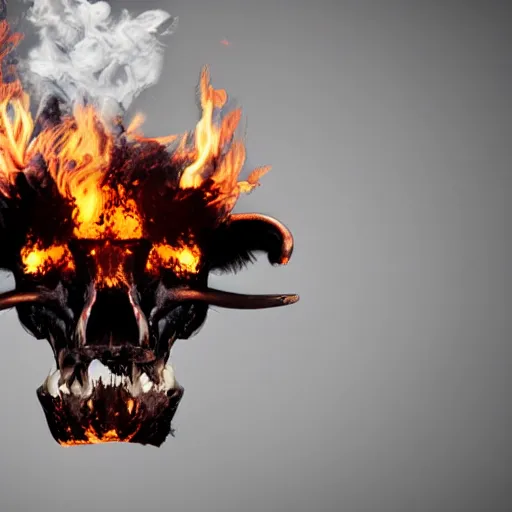 Prompt: a screaming angry cow skull, on fire, scary