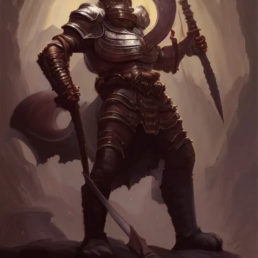 Image similar to ( ( ( full length portrait of a dark tabby tabaxi paladin, halberd, plate armor ) ) ), d & d, tyler jacobson, greg rutkowski, frank frazetta, alexandre chaudret, boris vallejo, michael whelan, miro petrov, magali villeneuve, donato giancola