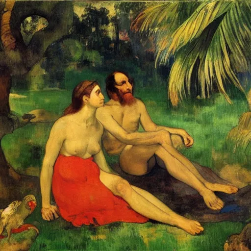 Prompt: a couple in the garden of eden, peaceful, painted by Eugene Delacroix, Paul Gauguin, Edward Hooper, 8k, Peter Doig, abstract oil paint, detailed, realistic, small spot of melting paint drips all over