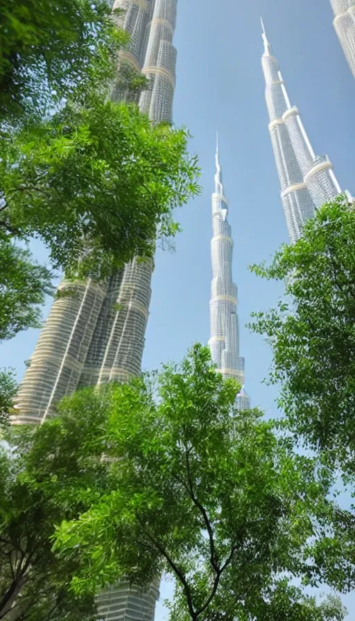 Image similar to the burj khalifa in a beautiful green metropolis surrounded by plants, trees and greenery.