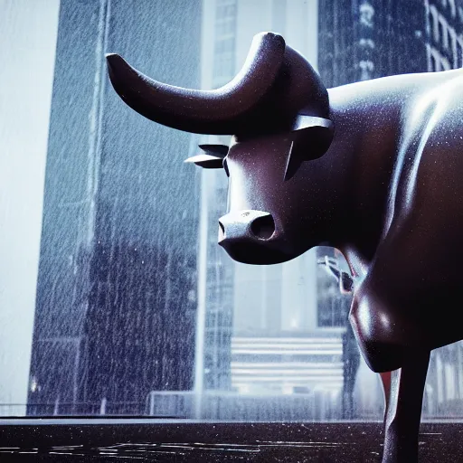 Image similar to cyberpunk cow statue, rain, space, galaxy, octane render, hyperrealism