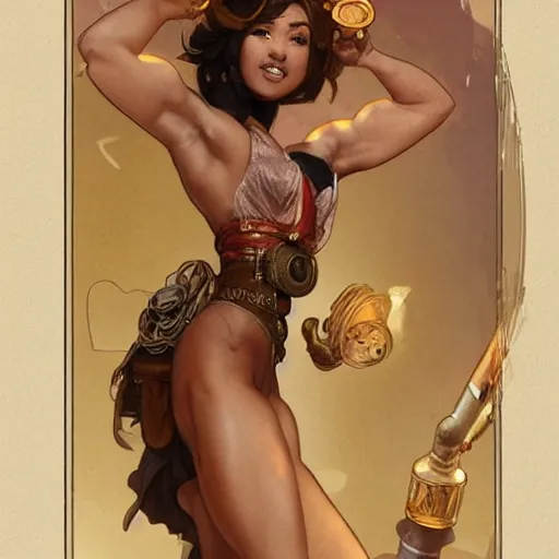 Prompt: a short young genie, with spikey short brown hair, brown skin, abs, a confident smile, emerging from her lamp and flexing her bicep, photorealistic, 25mm f/1.7 ASPH Lens, ultra realistic steampunk illustration, art by greg rutkowski and alphonse mucha