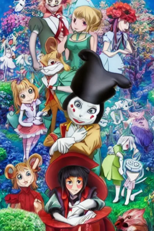 Prompt: Promotional poster from the new Alice in Wonderland anime remake where all the characters are anthropomorphic animals dressed in human clothes. Alice is in the foreground. Layered multiple character pose
