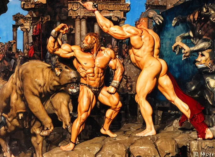 Prompt: dorian yates as hercules faces the minotaur, greek temple, dynamic action, by norman rockwell and jesper ejsing and tom lovell and frank schoonover