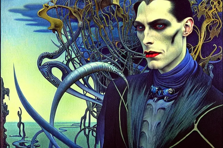 Image similar to realistic extremely detailed portrait painting of an elegantly creepy vampire man in cape, futuristic sci-fi landscape on background by Jean Delville, Amano, Yves Tanguy, Alphonse Mucha, Ernst Haeckel, Edward Robert Hughes, Roger Dean, rich moody colours, blue eyes