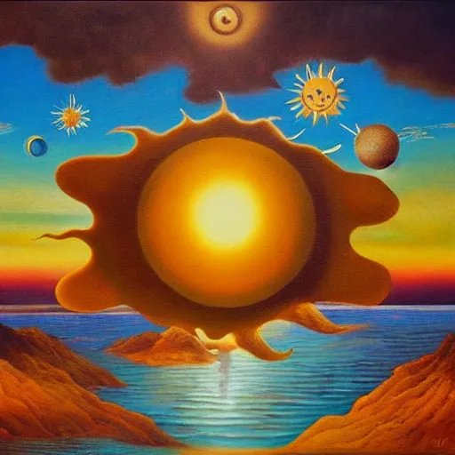 Image similar to sun and moon, surrealism, oil on canvas, high detail, masterpiece