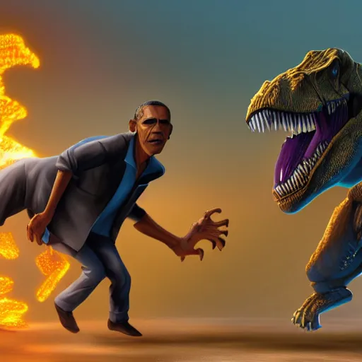 Prompt: obama fighting a t - rex, trending on artstation, 4 k, 8 k