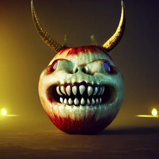 Prompt: An apple with monster teeth and horns, photorealistic, 4k, octane render, dark, scary, mist