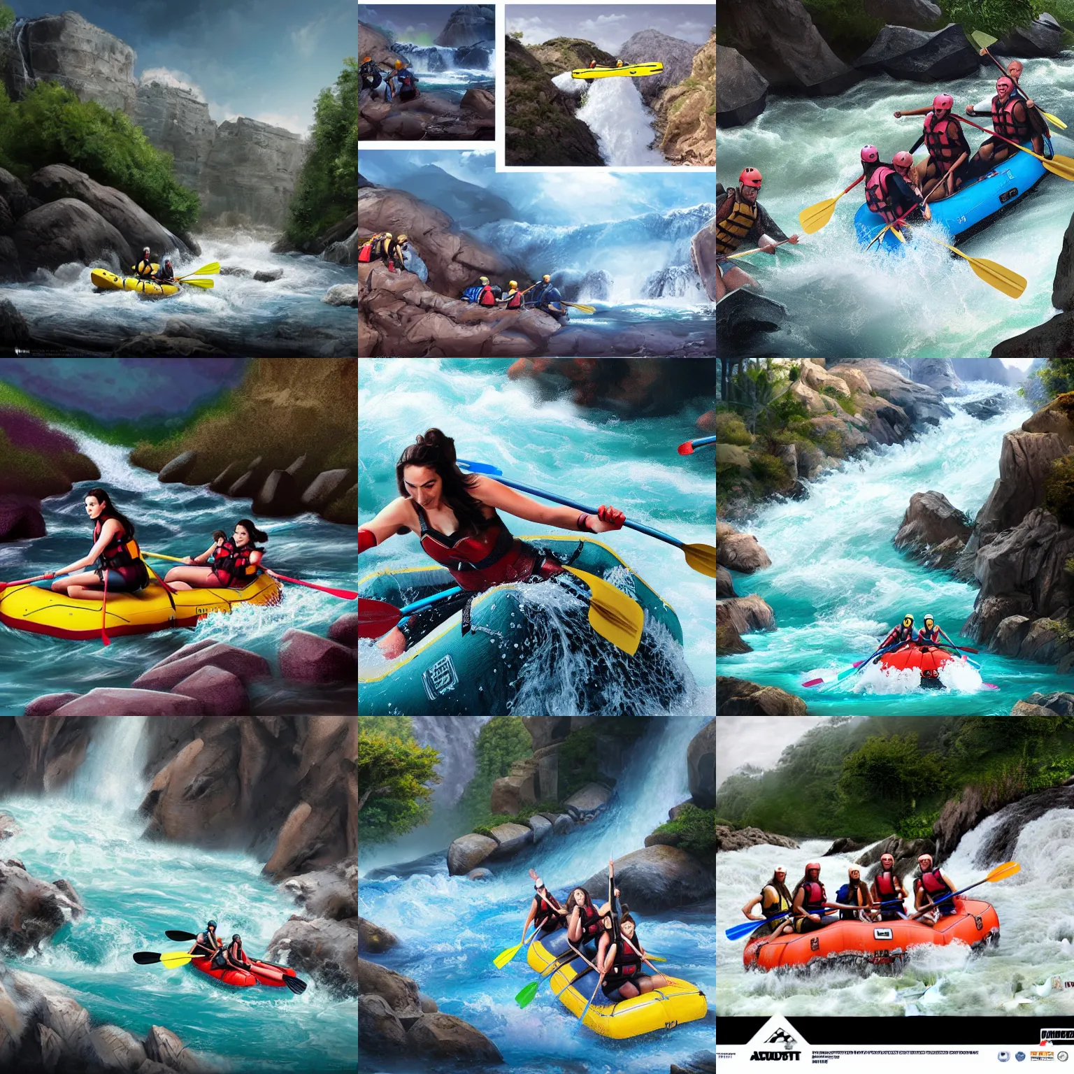 Prompt: gal gadot white water rafting, matte painting, concept art, 4k