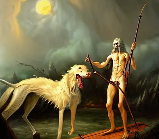 Prompt: The boatman of the river styx adopts an undead borzoi to be his companion in hades, realistic fantasy artwork, greek mythology, oil painting on matte canvas