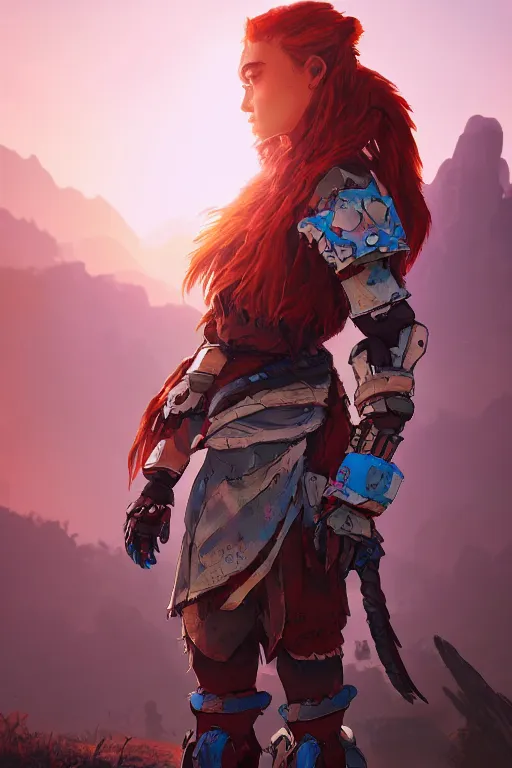 Image similar to combination suit armor aloy horizon forbidden west horizon zero dawn radiating a glowing aura global illumination ray tracing hdr fanart arstation by ian pesty and alena aenami artworks in 4 k tribal robot ninja mask helmet backpack