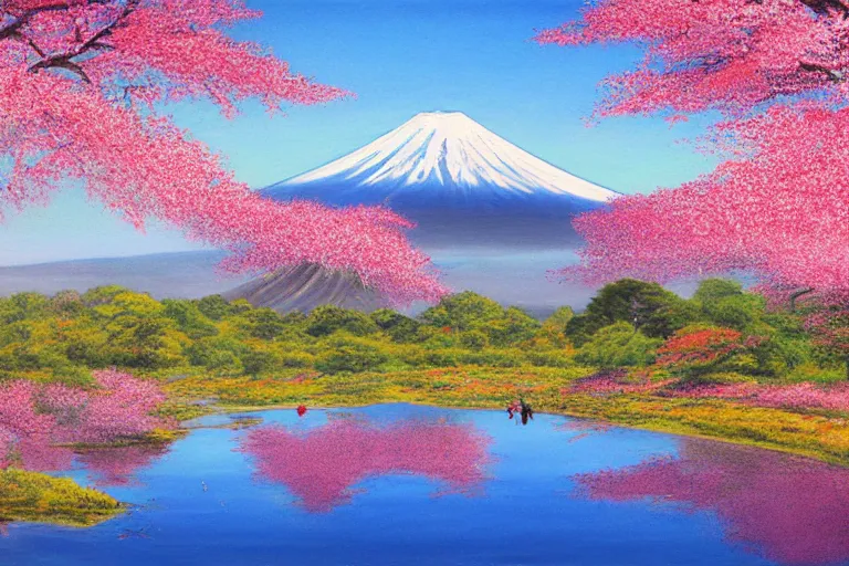 Image similar to mount fuji, view from behind lake, sunny morning, photorealistic landscape, oil on canvas, standing under blossoming cherry trees