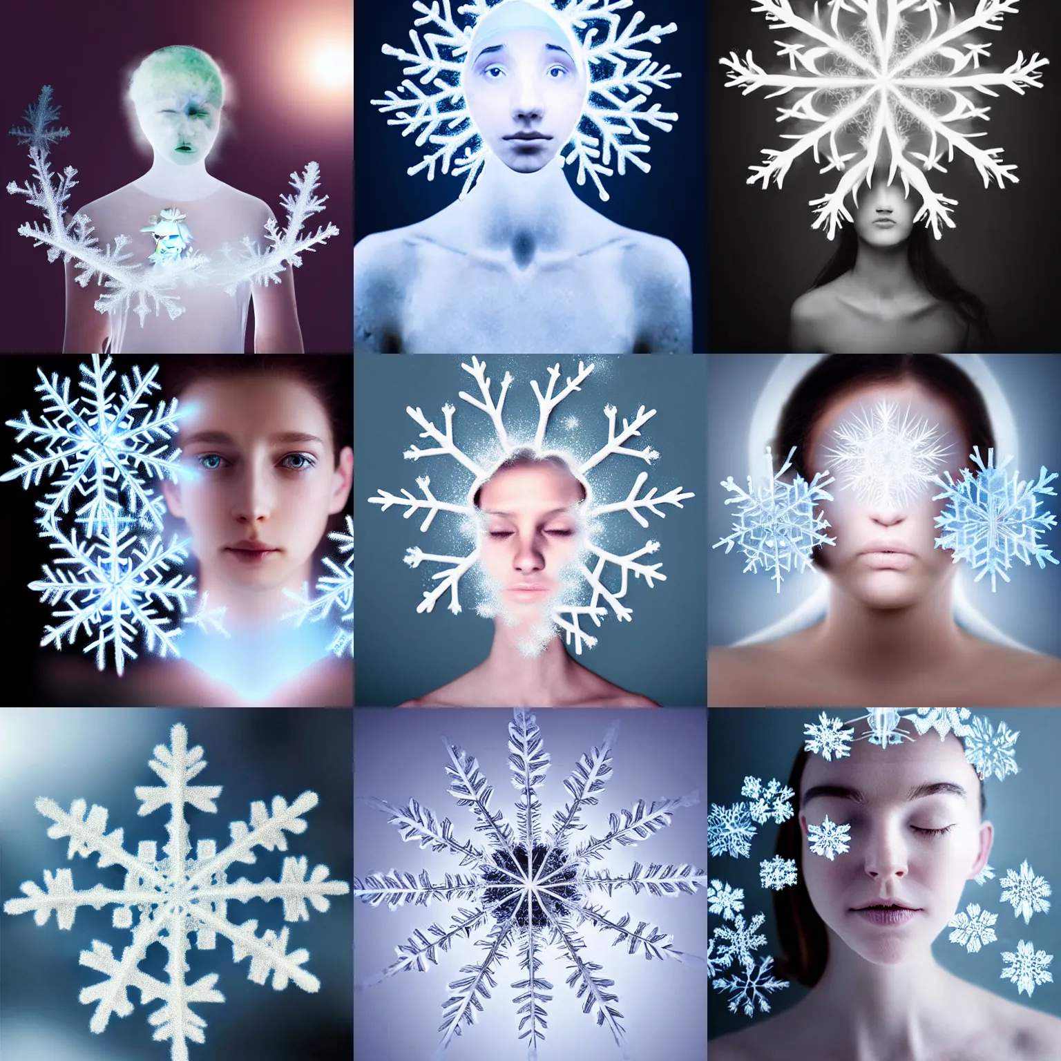 Prompt: surreal photography silk snowflake with ethereal transparent human face