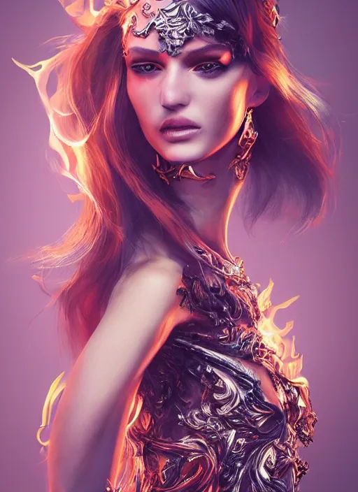 Image similar to 3d fashion portrait with fire, female, future, torch, flame, harper's bazaar, vogue, fashion magazine, intricate, concept art, close up, ornate, luxury, elite, elegant, trending on artstation, by ruan jia, by Kenneth Willardt, by ross tran, by WLOP, by Andrei Riabovitchev,