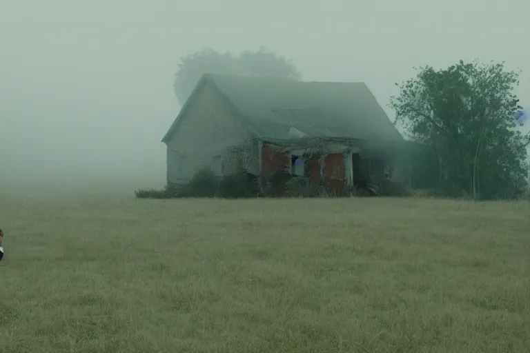 Image similar to a tourist taking a photo of an abandoned farmhouse, cinematic shot, foggy, photo still from movie by denis villeneuve