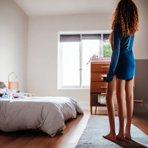 Prompt: woman in her bedroom looking at the iphone