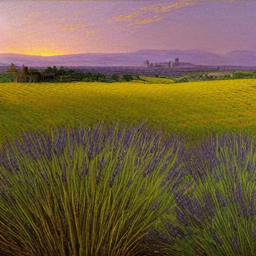 Prompt: beautiful landscape of wheat fields, lavender, grass and water, extremely high detail, hyperrealistic oil painting, warm colors, sunset, by caspar david friedrich