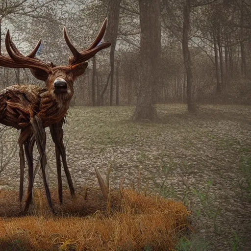 Prompt: hyperealistic sculpture of a deer with rusty pipes extruding from the body, body horror, mechanical bodies, scary, disturbing, eerie 8K, full hd