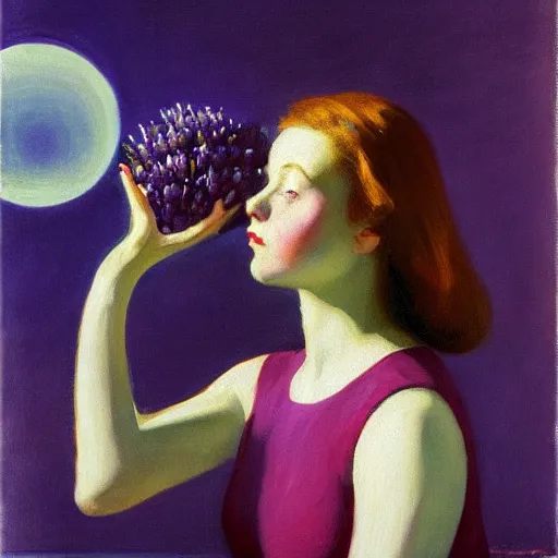 Image similar to a girl with three eyes on 5 translucent luminous spheres, full of floral and berry fillings, in an ocean of lavender color by edward hopper