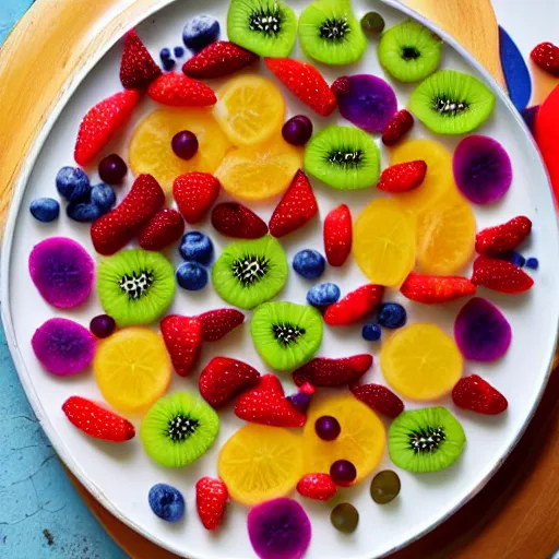 Prompt: beautiful photo of a rowing boat made from fruit pieces on a white plate, dslr