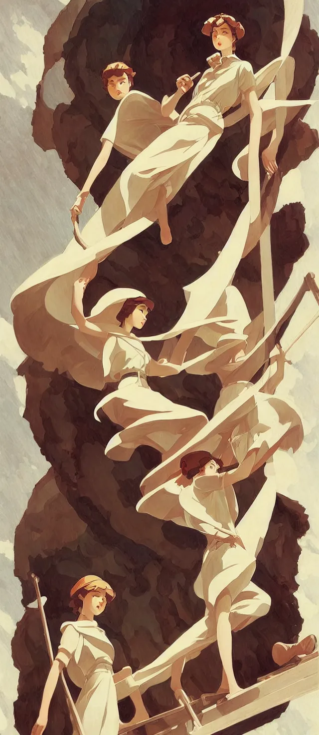 Image similar to stairway to heaven, winter, in the style of studio ghibli, j. c. leyendecker, greg rutkowski, artem