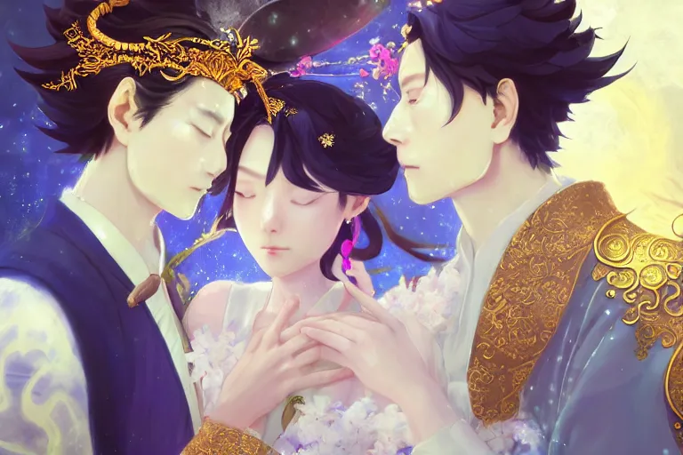 Image similar to a dreamlike portrait of wedding photograph close up moment of a divine a taiwan sun god and moon goddess lovers magician at a wedding banquet. portraiture. digital painting. artstation. concept art. fantasy wedding photo. digital painting, 8 k realistic, hyper detailed, by makoto shinkai and akihiko yoshida and hidari and wlop