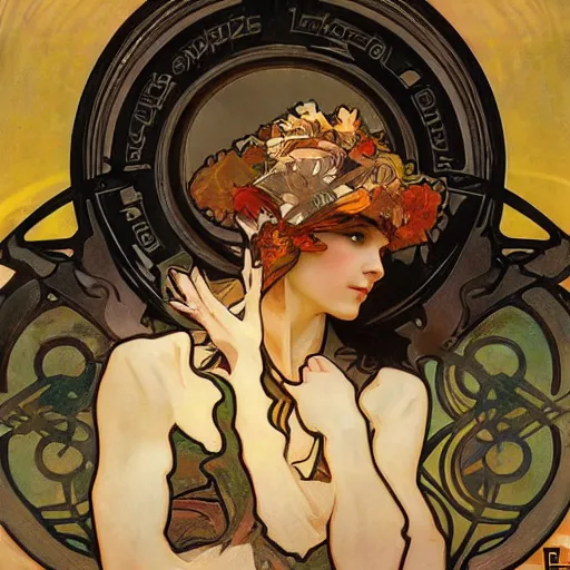 Image similar to alphonse mucha, j. c. leyendecker, and ruan jia combined art