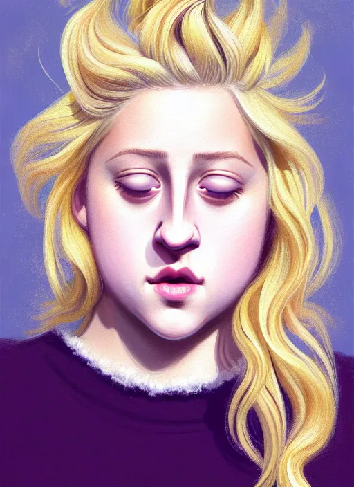 Image similar to full body portrait, teenage lili reinhart, blonde hair, obese, bangs, ponytail, sultry, realistic, sweater, fluffy bangs, fully clothed, curly bangs, fat, belly, intricate, elegant, highly detailed, digital painting, artstation, concept art, smooth, sharp focus, illustration, art by wlop, mars ravelo and greg rutkowski