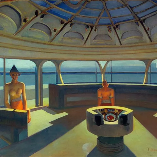 Image similar to three brutalist robotic seers watchers oracles soothsayers inside a retractable dome, pj crook, grant wood, edward hopper, syd mead, oil on canvas