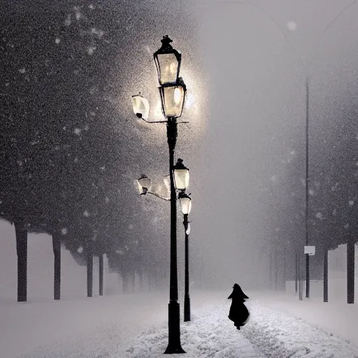 Prompt: A lonely girl with a teddy bear walking on the streets covered in snow during a blizzard. Footprints. Street lamps. Trees. Digital art.