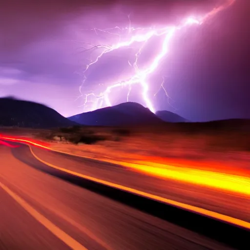 Image similar to nightmarish creatures rushing towards car, black pontiac firebird trans - am driving towards the camera, norway mountains, red glow in sky, valley, large lake, dynamic, cinematic, motionblur, volumetric lighting, wide shot, low angle, large lightning storm, thunder storm