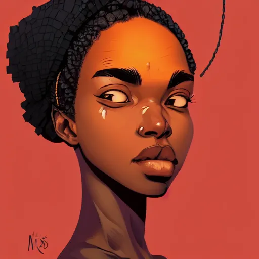 Image similar to Alberto Mielgo portrait design of an afropunk female character in a favela street, medium shot, asymmetrical, profile picture, painting by Alberto Mielgo and Laurie Greasley and Lois van Baarle, trending on artstation,