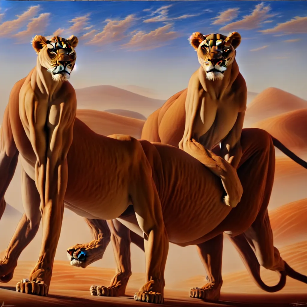 Image similar to anthromorphic lioness, desert, oil on canvas, artstation, a detailed matte painting