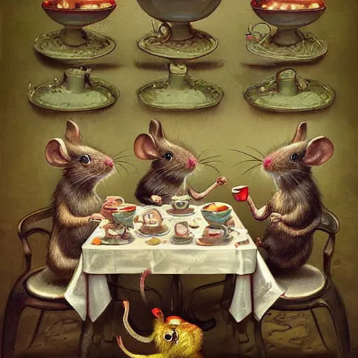 Image similar to mice at a tea party, lowbrow, matte painting, 3 - d highly detailed, style of greg simkins