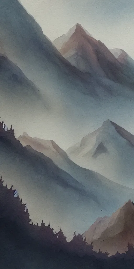 Image similar to mountian, color ink wash by award - winning concept artist. backlighting, chiaroscuro, field of depth.