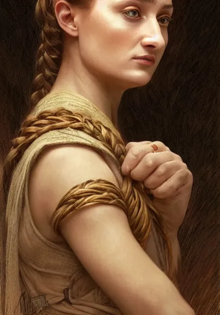 Prompt: sansa mummy portrait in profile with a complex hairstyle with lots of braids and curls, intricate, elegant, highly detailed, digital painting, artstation, concept art, smooth, sharp focus, illustration, art by artgerm and greg rutkowski and alphonse mucha and william - adolphe bouguereau