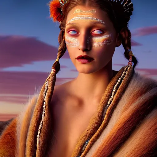 Prompt: photographic portrait of a stunningly beautiful renaissance female in traditional hopi dress, white irises and dark eye makeup, in soft dreamy light at sunset, god rays, contemporary fashion shoot, by edward robert hughes, annie leibovitz and steve mccurry, david lazar, jimmy nelsson, extremely detailed, hyperrealistic, perfect face, octane render