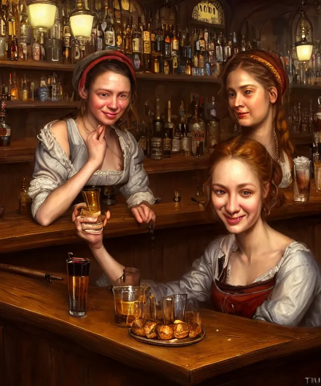 Image similar to hyperrealistic mixed media painting of a beautiful smiling charismatic barmaid, dimly lit cozy tavern, relaxed pose, serving customers at bar, medieval period, stunning 3d render inspired art by Tim Okamura + perfect facial symmetry + dim volumetric lighting, 8k octane beautifully detailed render, post-processing, extremely hyperdetailed, intricate, epic composition, grim yet sparkling atmosphere, cinematic lighting + masterpiece, trending on artstation, very very detailed, masterpiece, stunning