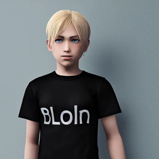 Image similar to a detailed full body image of boy with blonde hair and blue eyes wearing a black tshirt, unreal engine 5 rendered, incredibly highly detailed and realistic, 8 k, sharp focus, studio quality