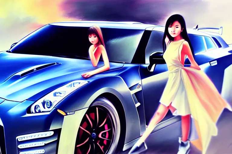 Prompt: A ultradetailed beautiful panting of a stylish girl standing in front of a Nissan GTR, Oil painting, by RossDraws