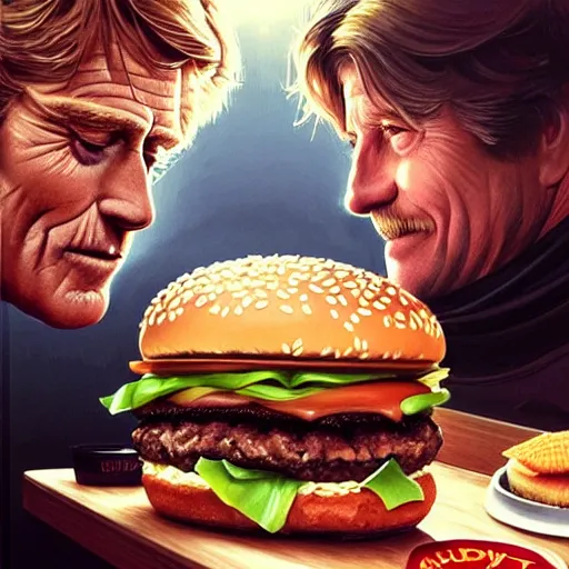 Prompt: Robert Redford eating a mcdonald's big mac hamburger, dripping BBQ Sauce, serving burgers, intricate, elegant, highly detailed, digital painting, artstation, concept art, matte, sharp focus, hyperreal, art by Artgerm and Greg Rutkowski and Alphonse Mucha