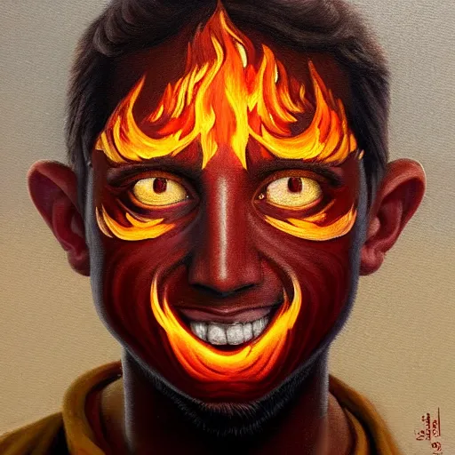 Image similar to a hyper realistic painting of a young fire - man, all face covered with a fire, coherent symmetrical eyes, cunning smile, by jeffrey smith, by andrea kowch, by steve henderson, masterpiece, trending on artstation, sharp, details, hyper - detailed, hd, hdr, 4 k, 8 k