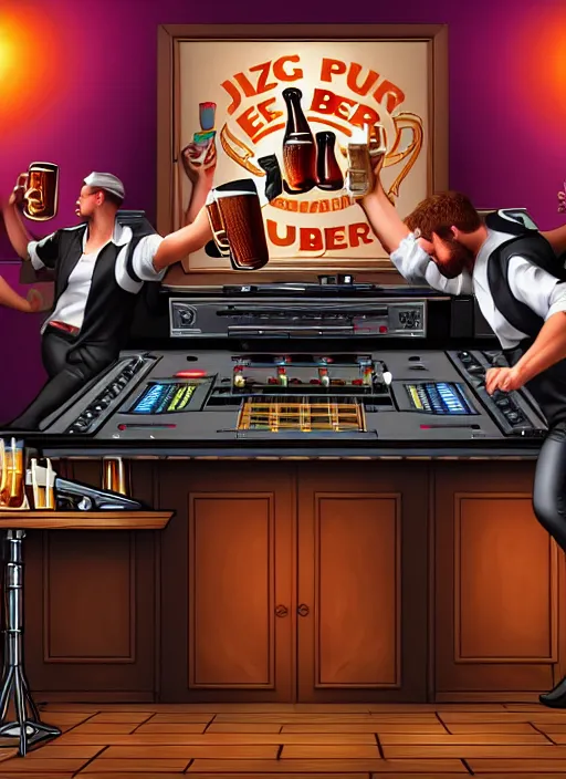 Image similar to image of large pint of beer and large technics dj table front of picture, in the backround man and a woman very drunk and dancing from octoberfest, dark backround, highly detailed, digital illustration, trending in artstation, modern painting, smooth, sharp focus, intricate, einar jonsson and bouguereau