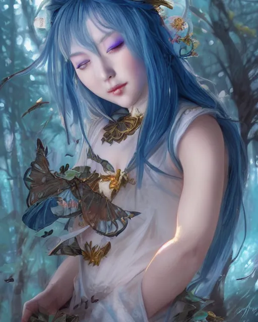 Prompt: stunningly beautiful female blue hair, cute japanese actressr, fantasy art, fae priestess, lush dark forest landscape, fireflys at night, sharp focus, digital painting, 8 k, concept art, art by wlop, artgerm, greg rutkowski and alphonse mucha