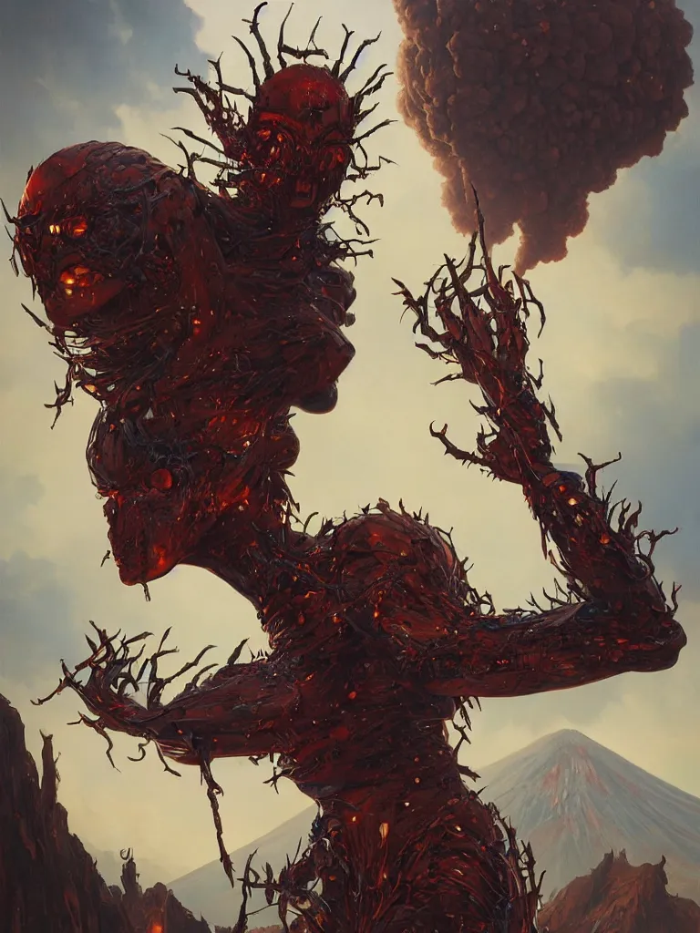 Prompt: A portrait painting of a spider-legged monstrous woman with spikes in her head standing in front of a volcano eruption, illustration, detailed, high cohesion, coherent, symmetrical, award-winning, trending on artstation, by artgerm and Greg Rutkowski and Alphonse Mucha