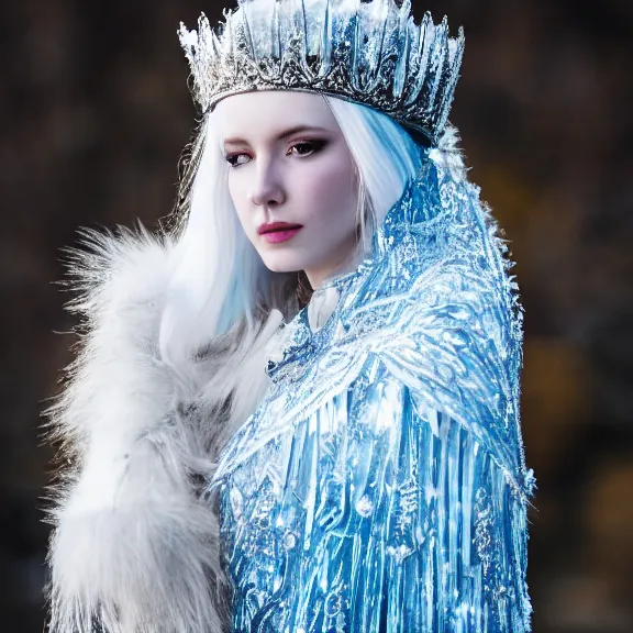 Prompt: photo of a real life beautiful ice queen with ornate cloak, 4 k, hdr, smooth, sharp focus, high resolution, award - winning photo