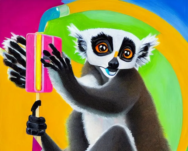 Prompt: a bright happy juxtapoz oil painting of a lemur eating a popsicle